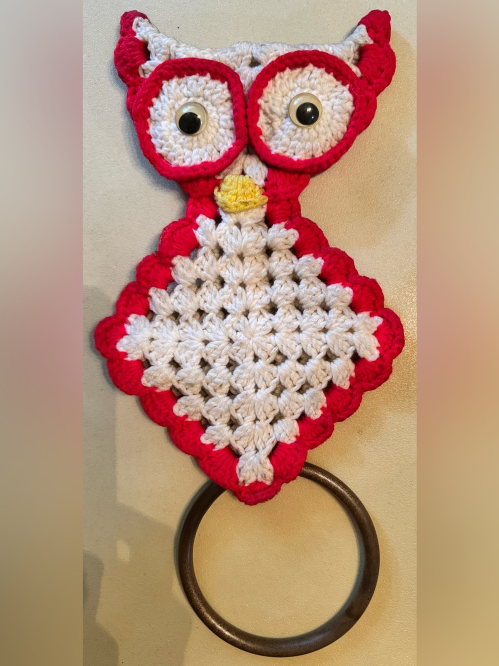 Handmade Crochet Owl Kitchen Towel Holder - White & Red